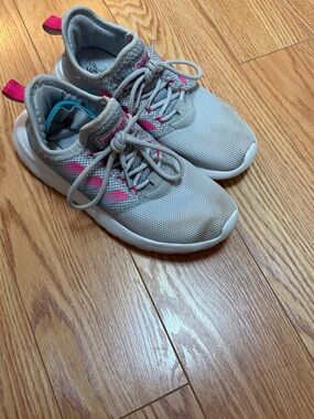 adidas Light Gray Knit Sneakers with Pink Highlights